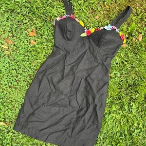 90s mini dress linen with structured bust and fax flower trim DL brand size 4